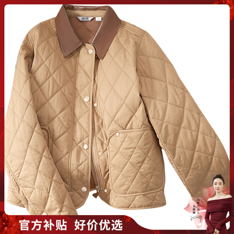 她池2024秋装女装时尚拼色翻领菱格保暖舒适复古棉衣T43B4011H
