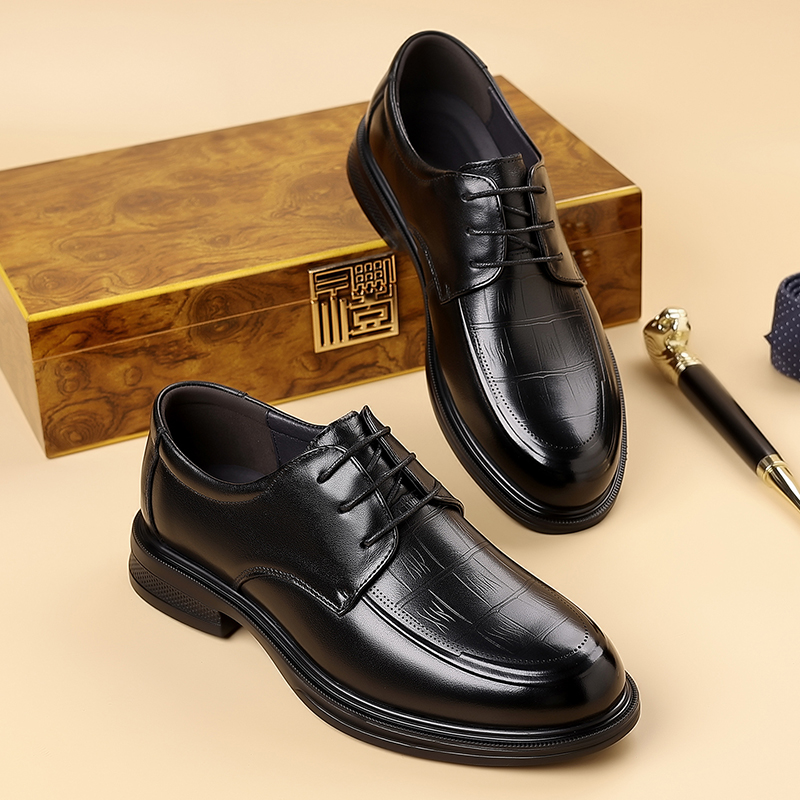 头层牛皮鞋男正装商务男士休闲鞋真皮时尚百搭系带增高结婚鞋套脚