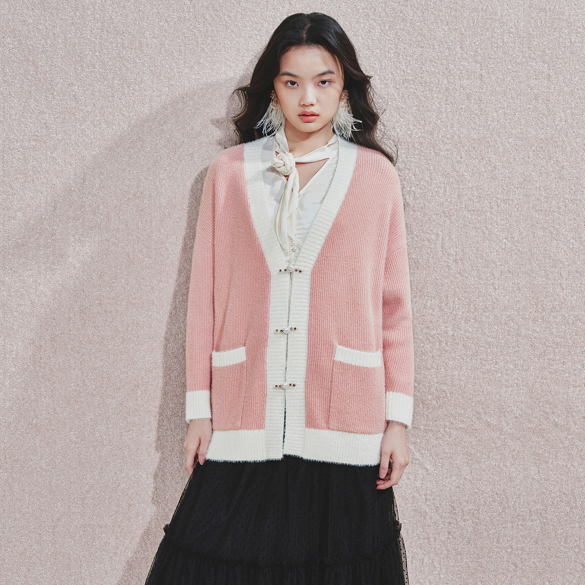 MAXRIENY粉色甜美2024秋冬针织开衫外套女