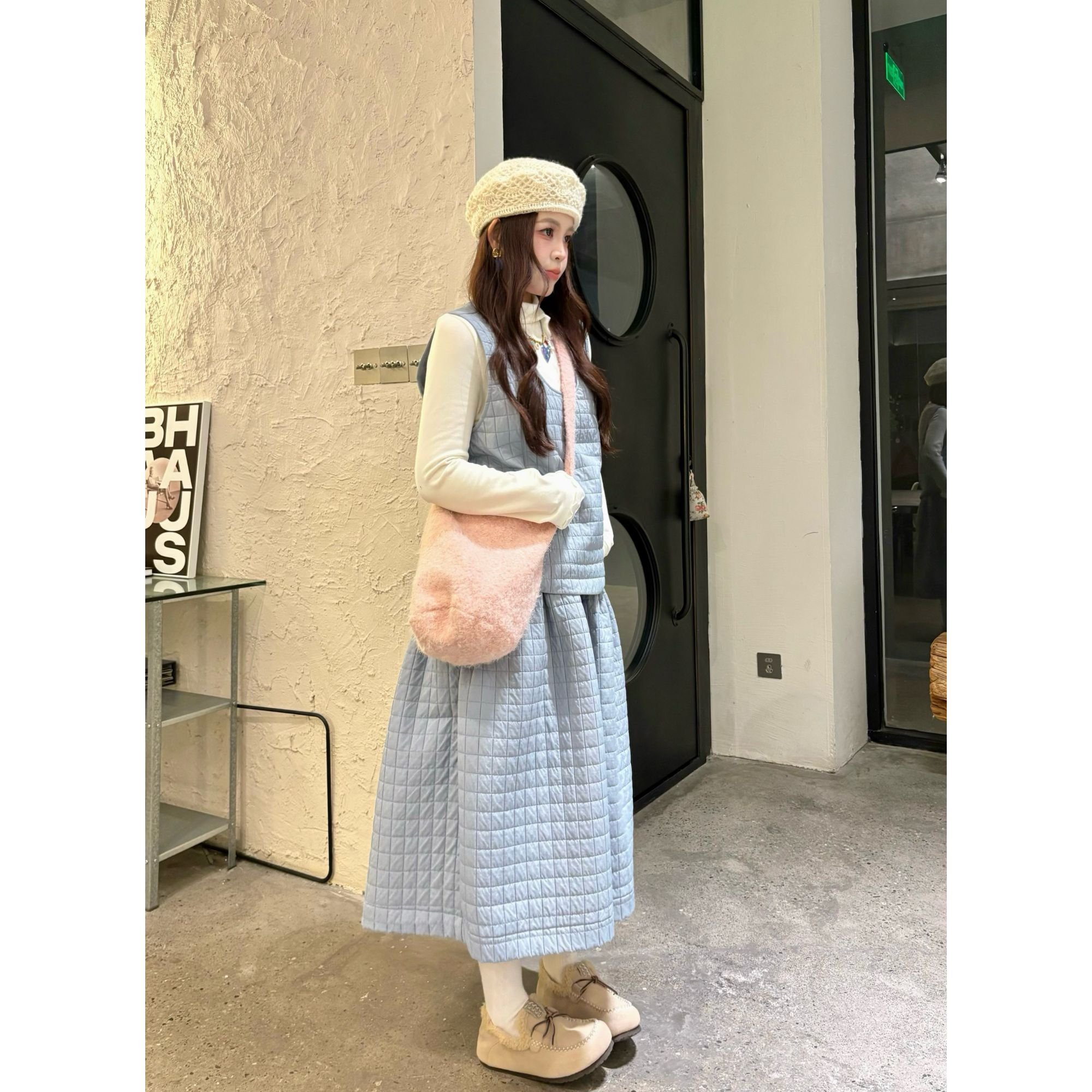 晶咕【秘境温柔】洋气菱格夹棉叠穿上衣高腰阔腿九分时尚休闲套装