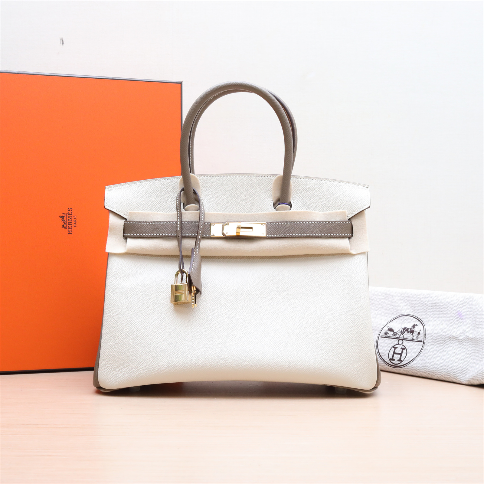 99新 Hermes/爱马仕 定 小花Jerry Birkin 30 C刻 奶昔白拼大象灰