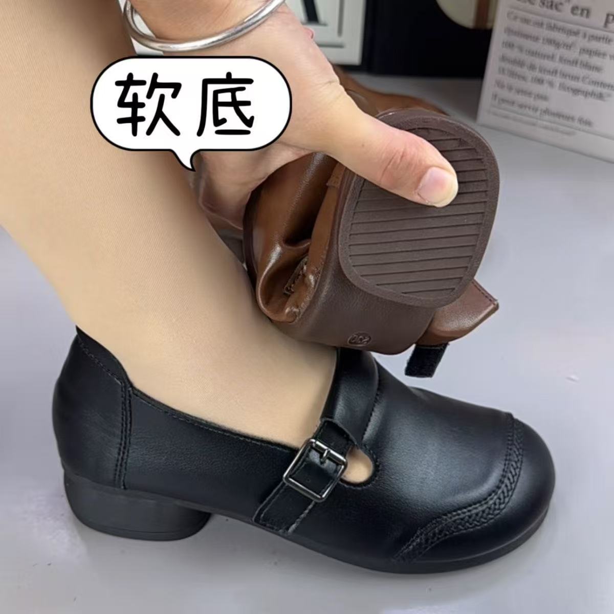 低跟胶粘魔术贴单鞋中老年舒适女鞋软面复古春季软底单鞋商品图