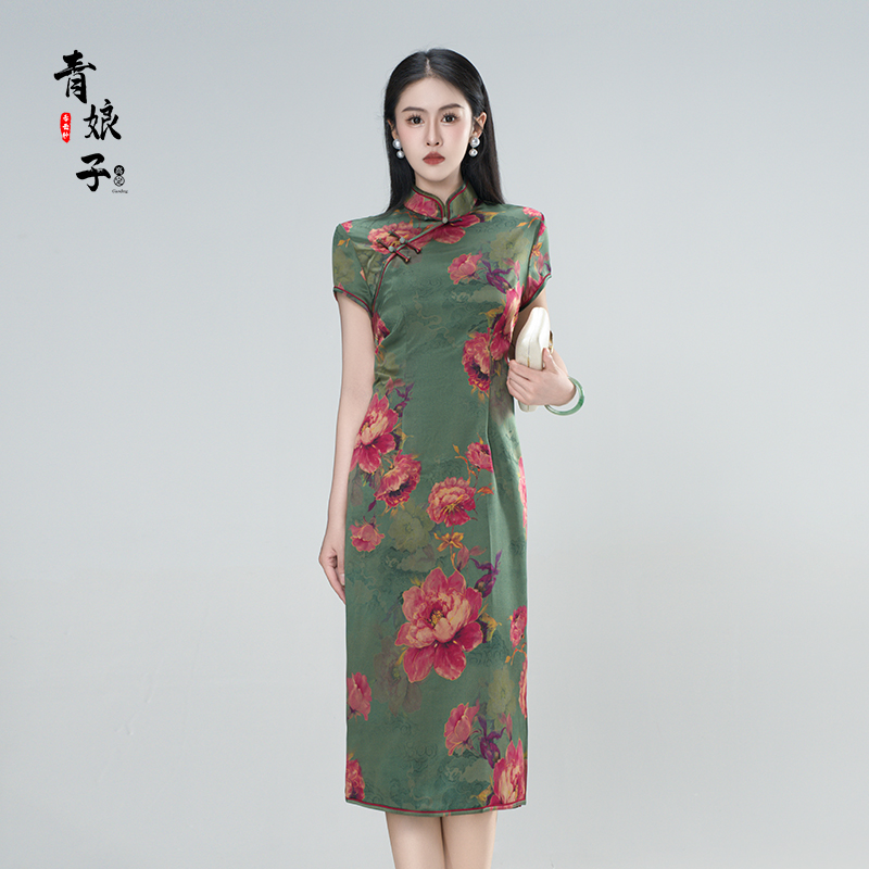 青娘子-香云纱（清风碧影）重锻印花复古气质新中式立领旗袍-60184