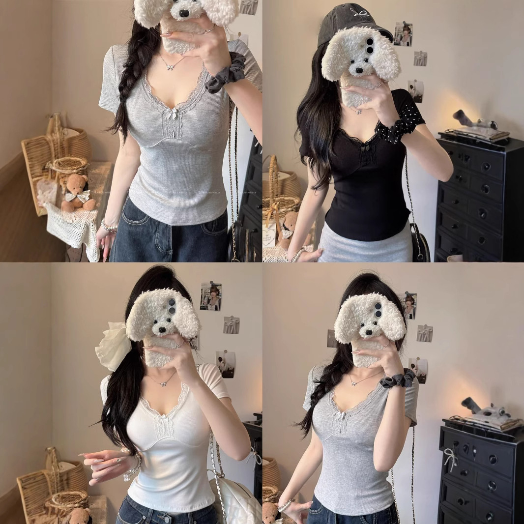 夏季新款v领蕾丝边拼接甜美短袖上衣舒适带胸垫显瘦性感百搭纯欲