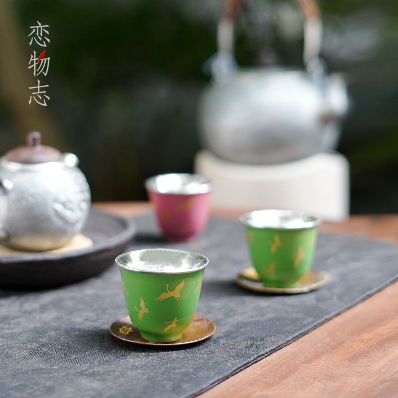足银999纯手工瓷包银杯烫金仙鹤品茗杯家用茶杯茶器茶具 鹤逸