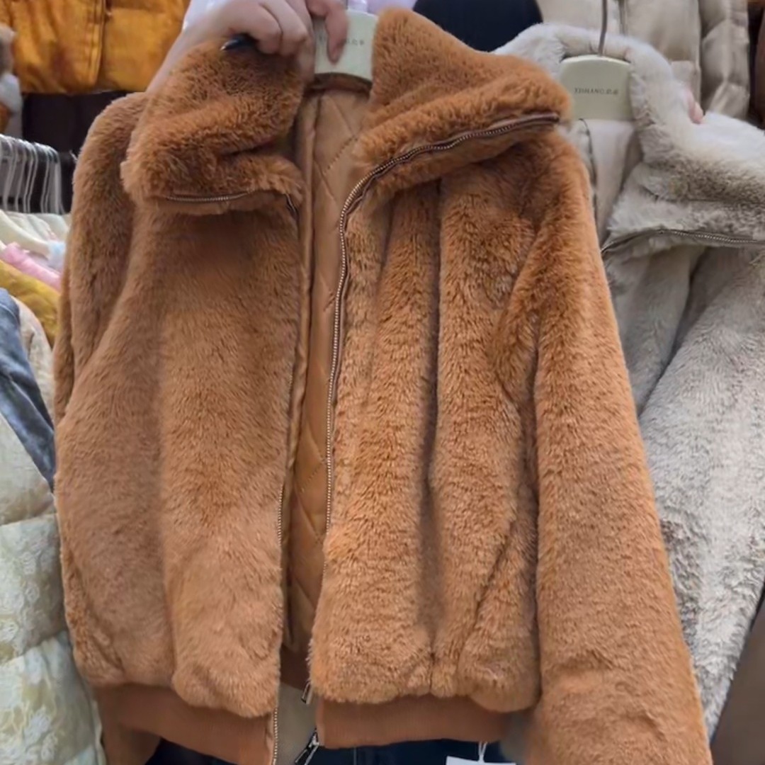 秋冬新款韩系女短款宽松加厚保暖加棉拉链软糯翻领毛毛仿水貂外套