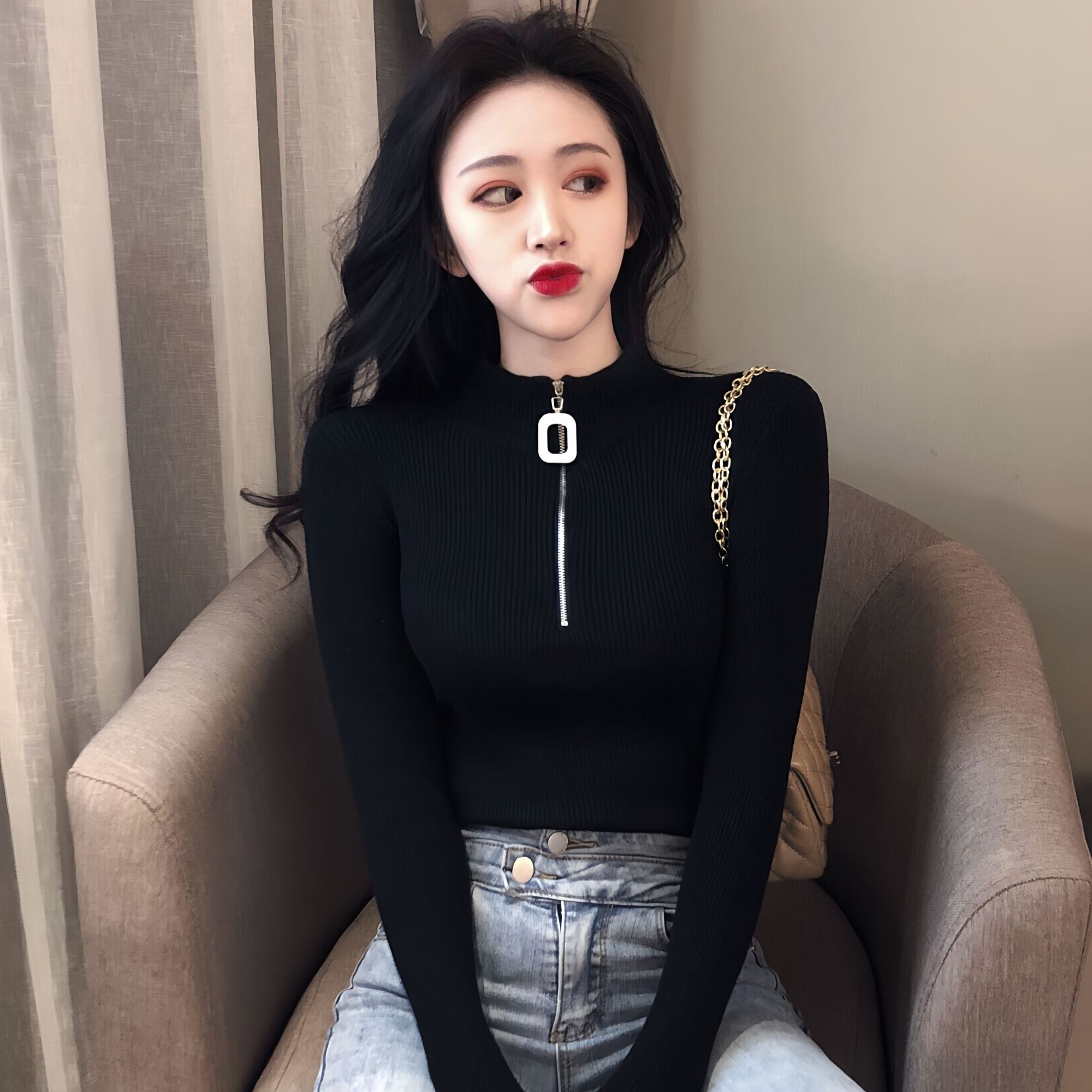 2025年新款黑色上衣女拉链针织衫秋冬季半高领气质内搭洋气打底衫
