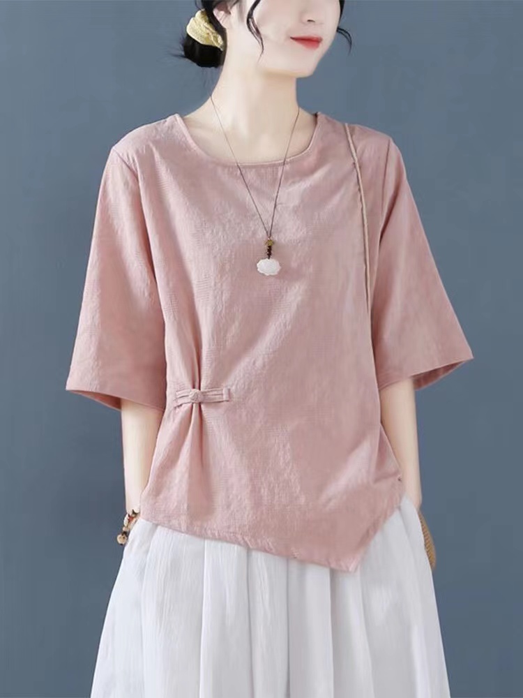 外贸剪标日单出口棉麻盘扣提花短袖T恤女下摆不规则宽松显瘦上衣