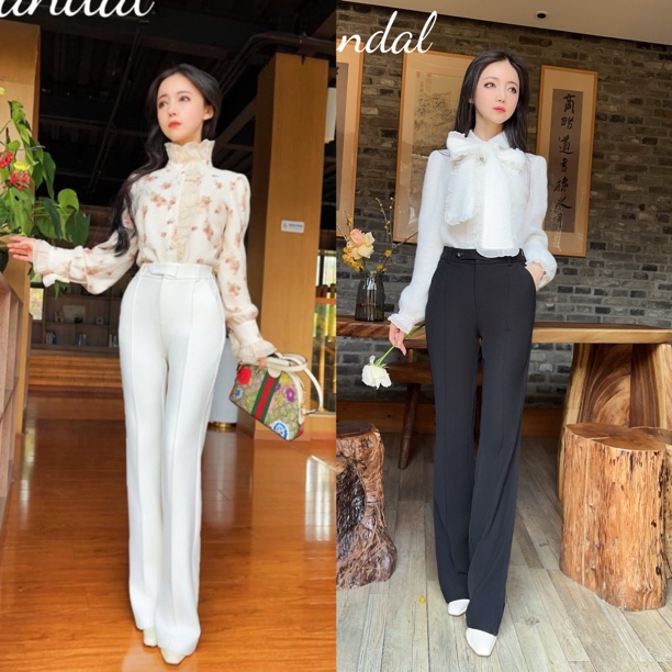 粉黛原创 腿模显瘦黑白春秋薄款新款气质优雅长裤微喇裤