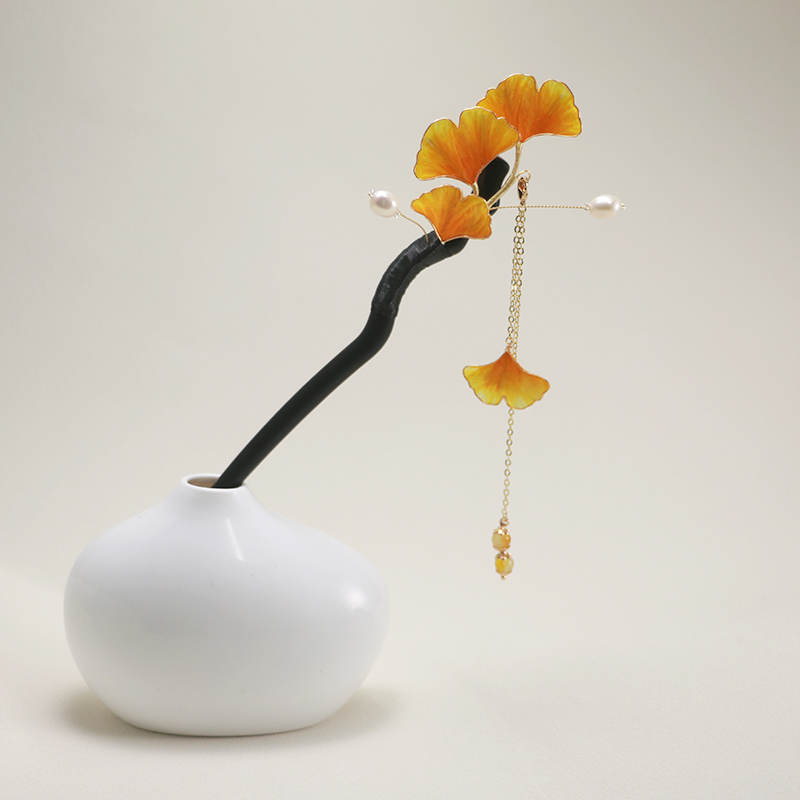 绒艺『杏韵』绒花银杏流苏发簪新中式古风发饰檀木簪子中国风配饰