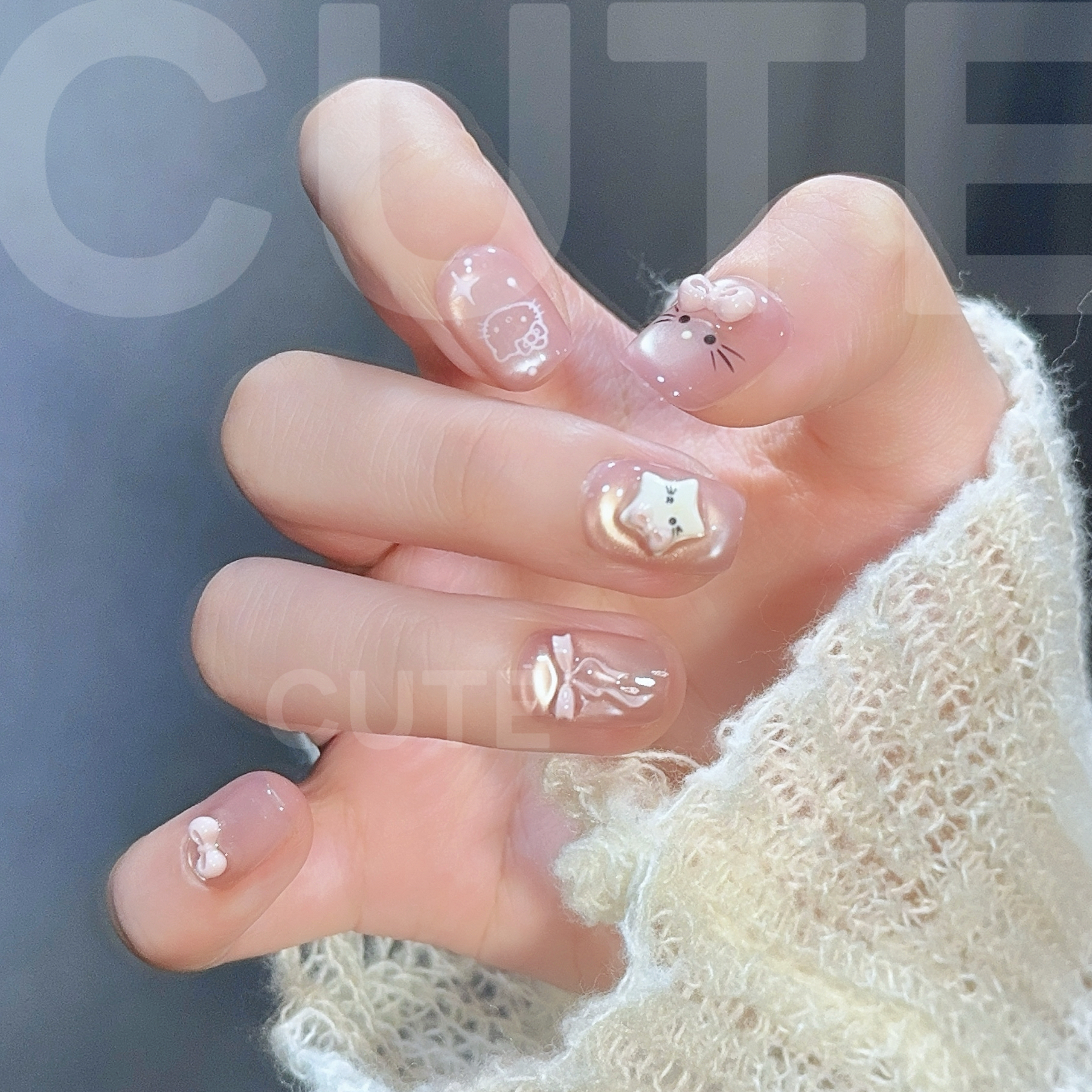 【Kitty乐园】高级法式短款显白猫咪手工穿戴甲猫眼美甲贴片