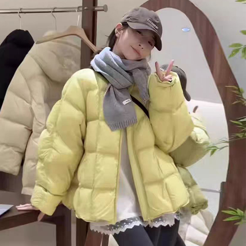 韩系方格圆领棉服2024冬季新款宽松百搭面包服外套上衣通钻-*6