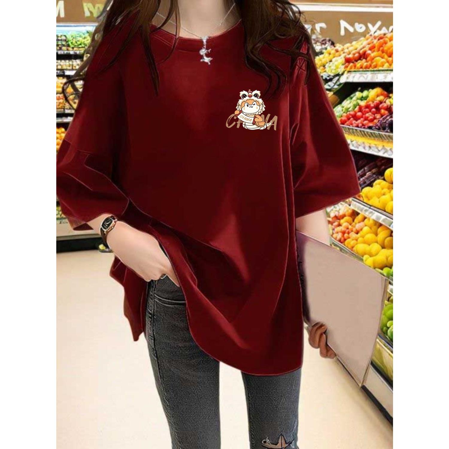 【ZHAP】宽松短袖CHINA蛇印花t恤女气质百搭国风春秋本命年上衣潮流