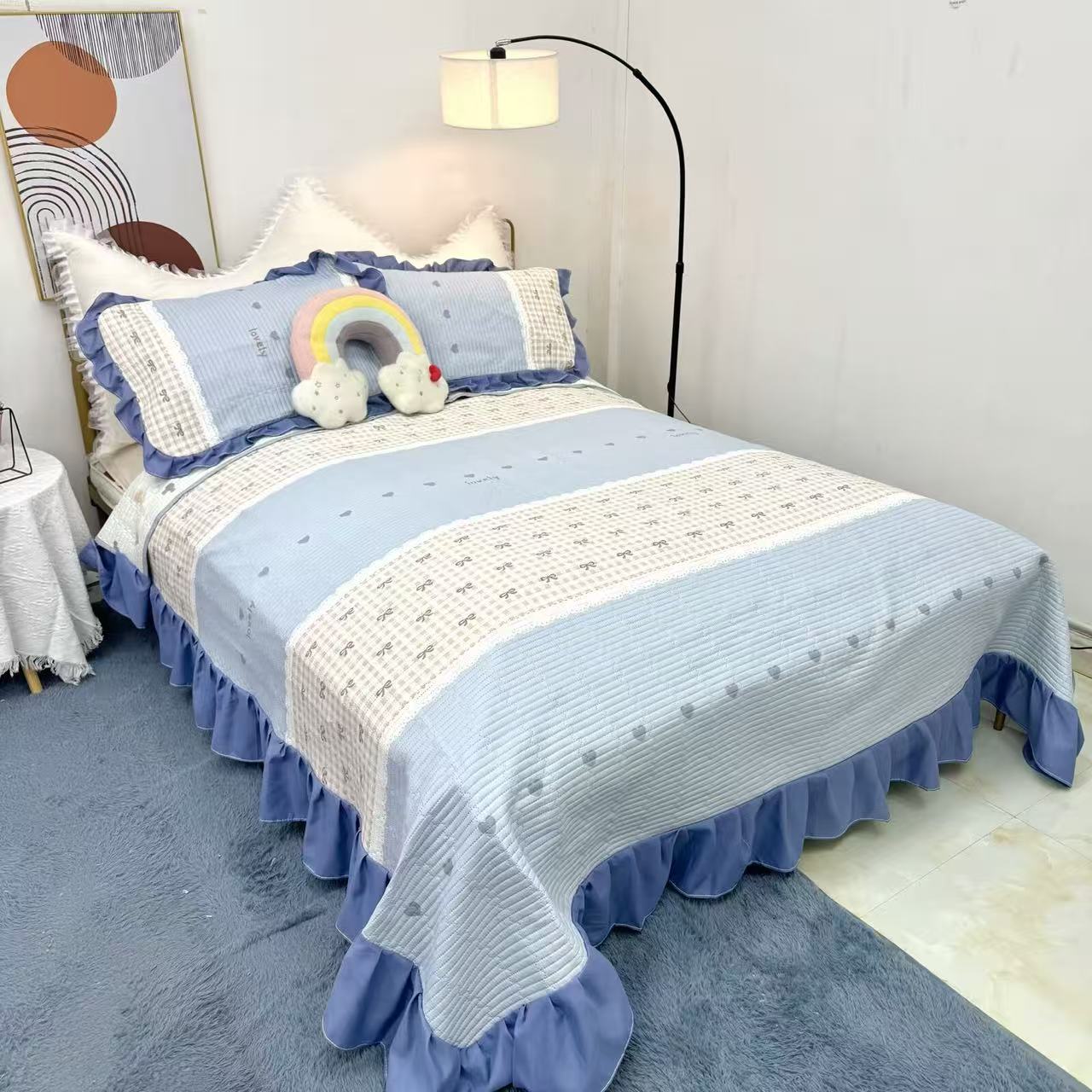 【桃心蝴蝶结】四季夹棉加厚针织棉小香风花边床盖三件套