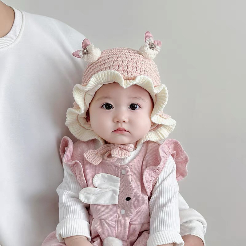 婴儿帽子秋冬款花边毛线帽可爱超萌保暖护耳帽女宝宝针织套头帽潮