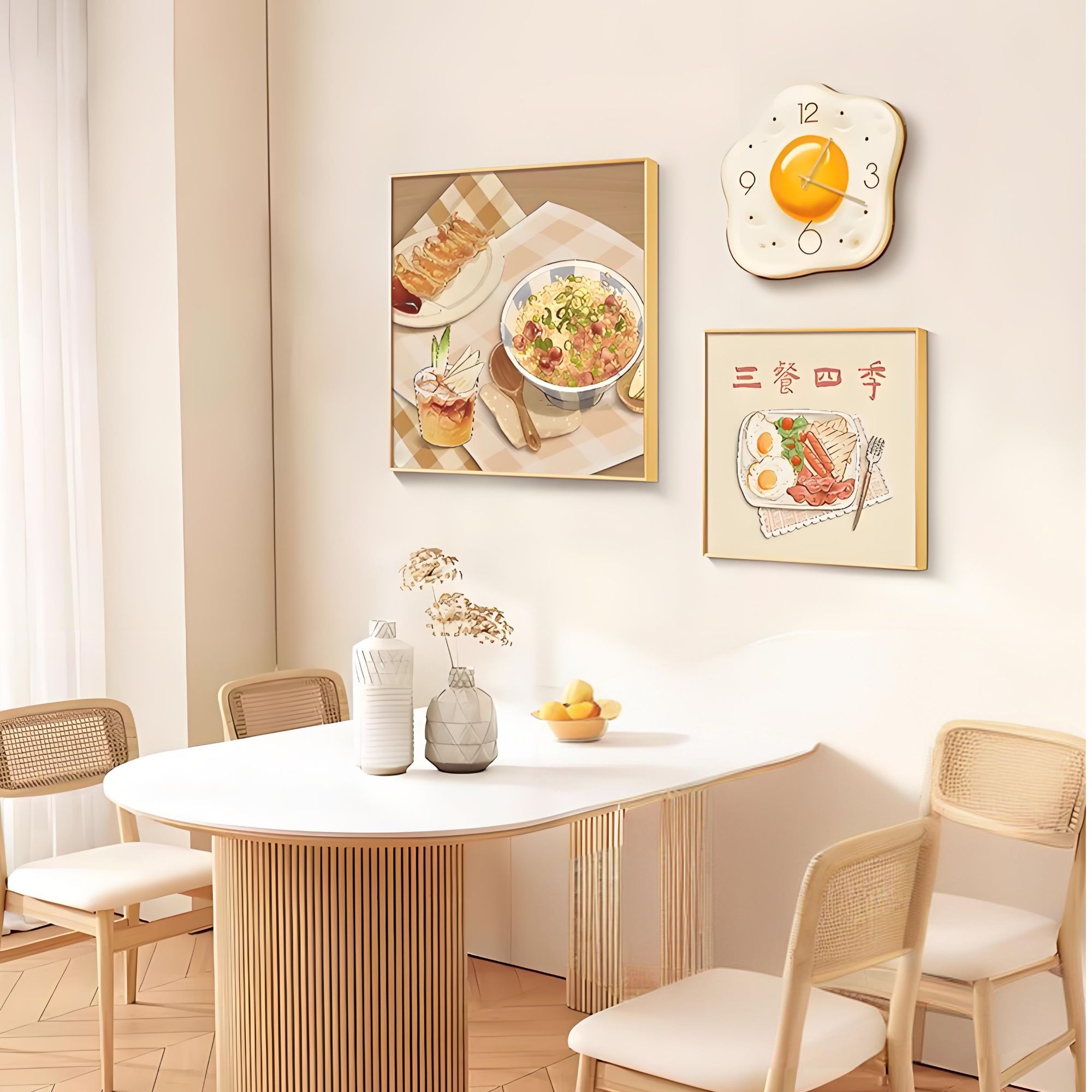 餐厅组合装饰画带时钟表创意壁画客厅三餐四季温馨饭桌背景墙挂画