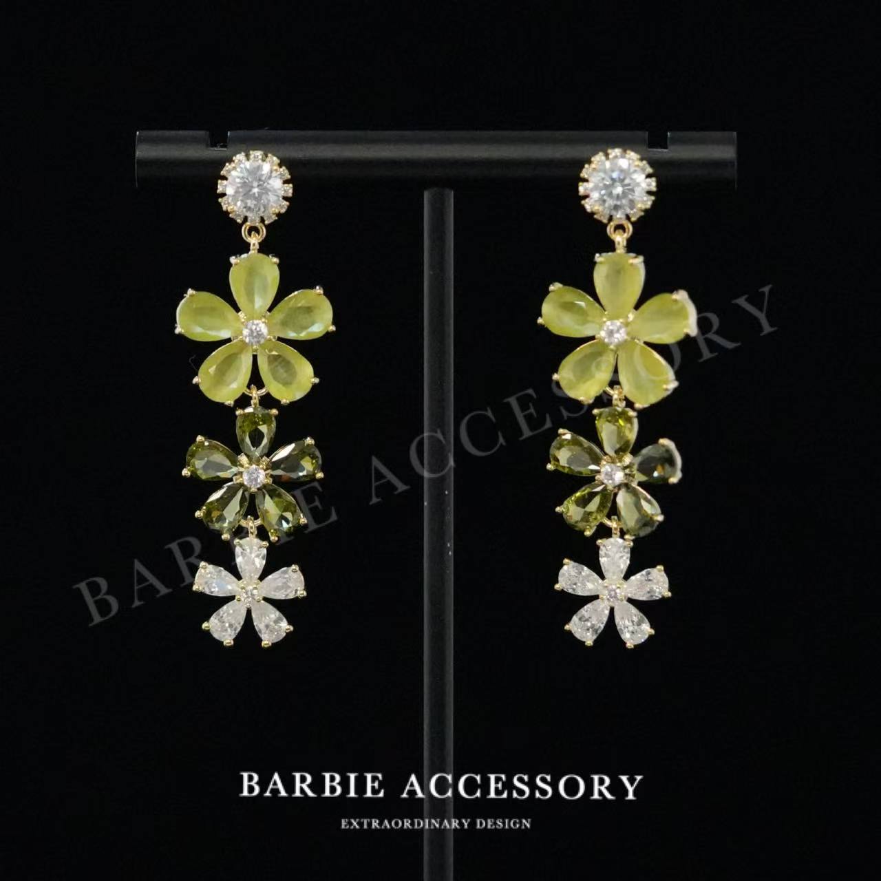 铜合金合成锆石耳饰 【绿淡光花】时尚轻奢设计款高级绝美百搭耳环