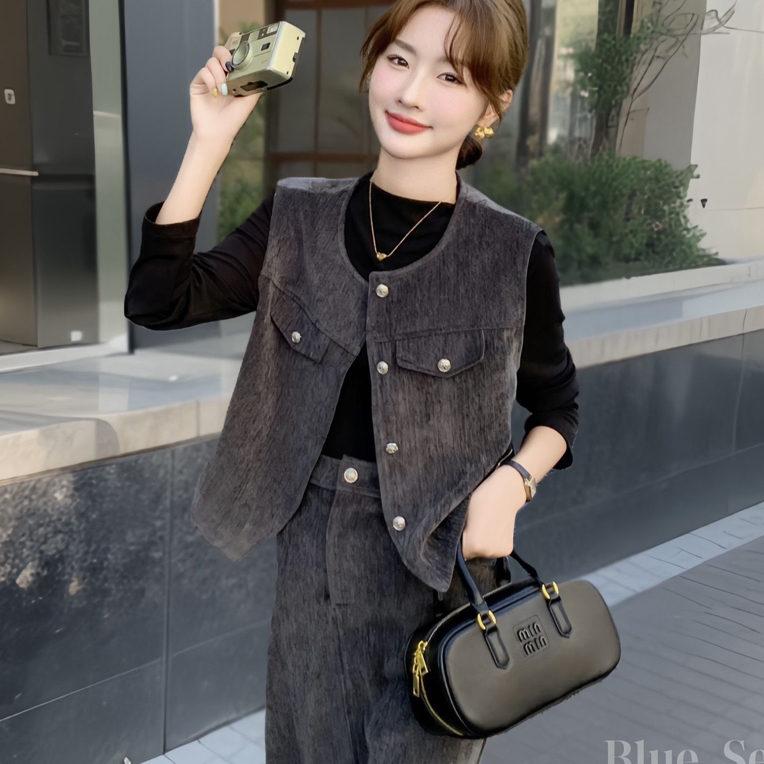 秋季新款小香风遮肉气质马甲半身裙套装高级感显瘦