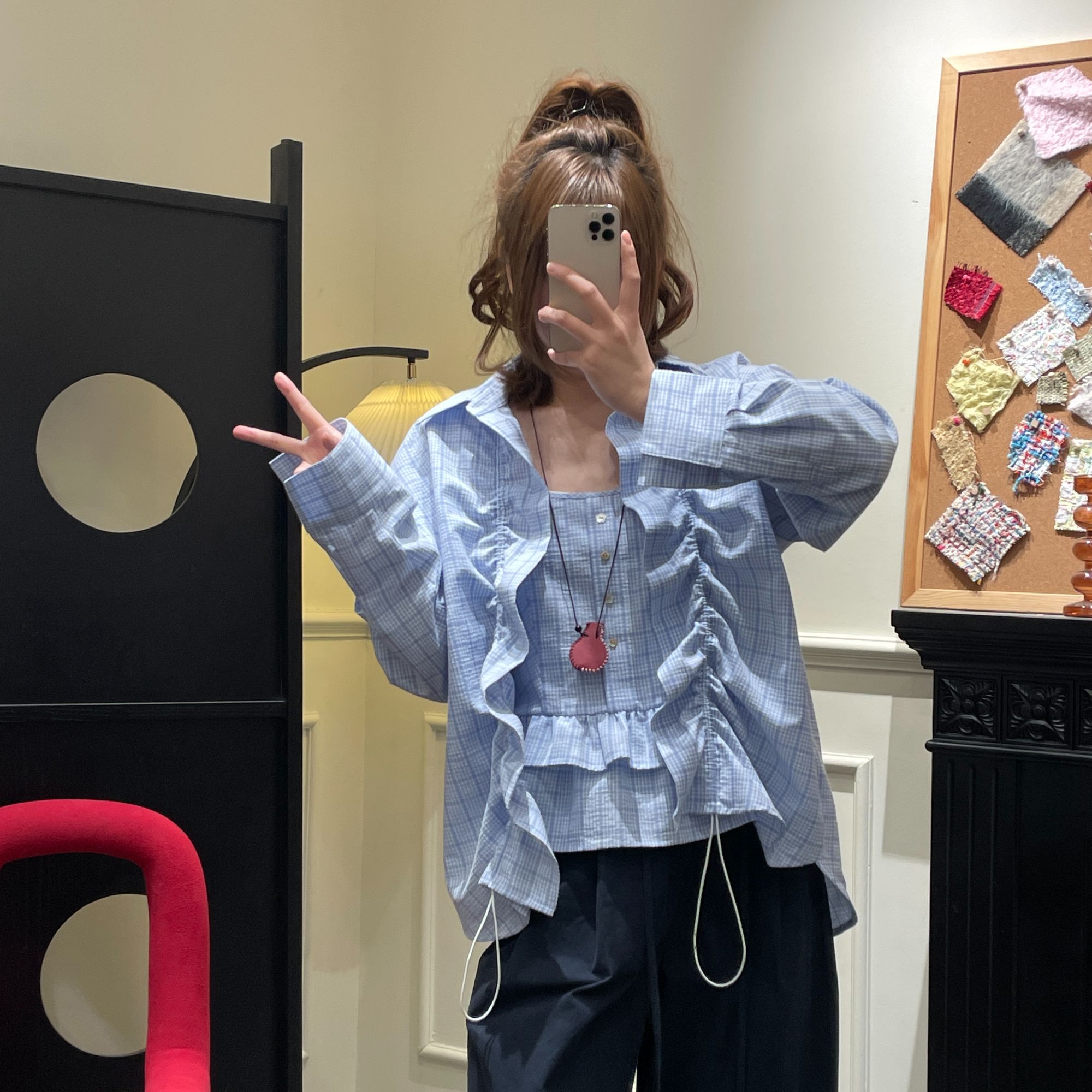衬衫秋季格纹蓝色薄款韩版宽松气质设计感百搭显瘦长袖上衣衬衣
