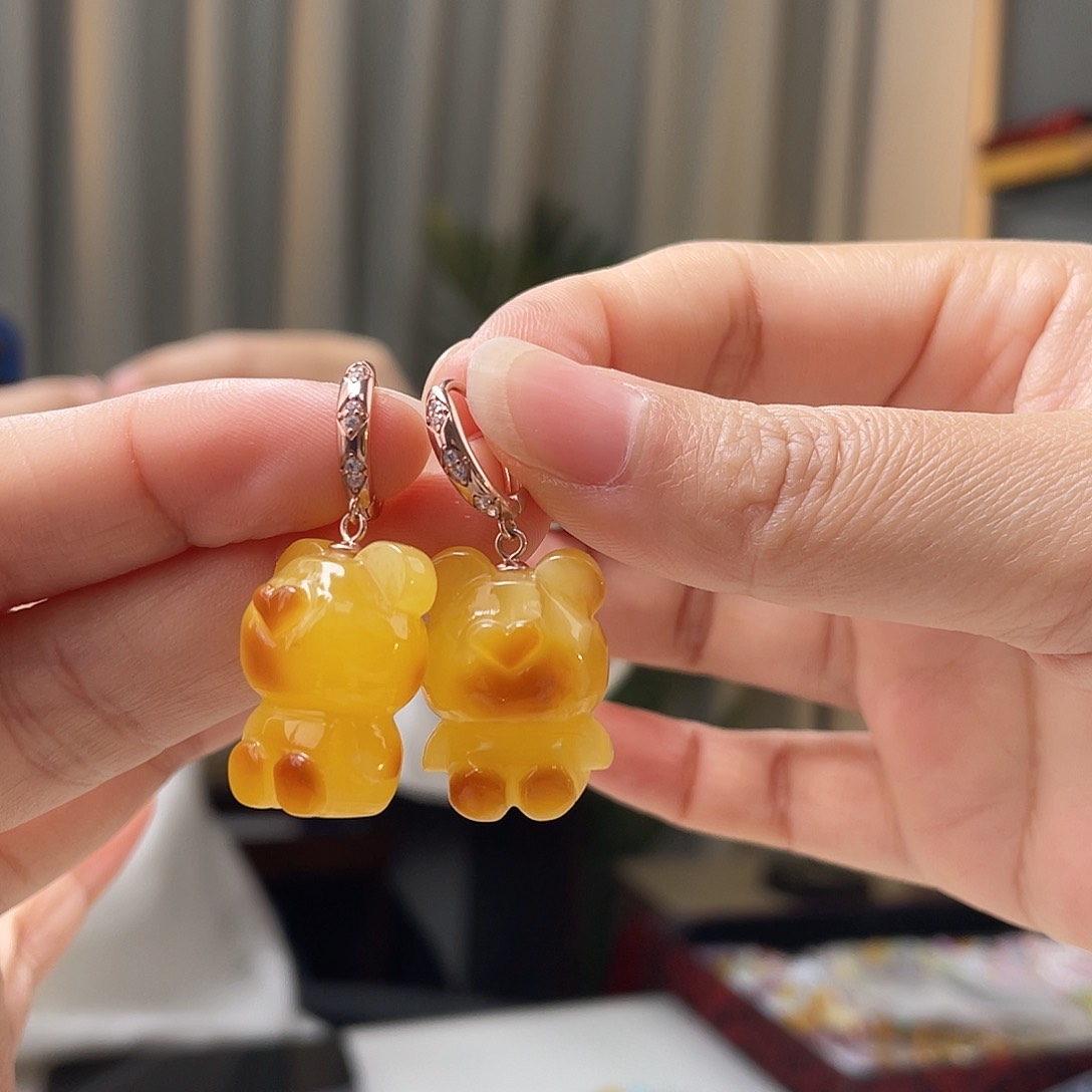 琥珀裸石银S925镀金镶嵌蜜蜡耳环