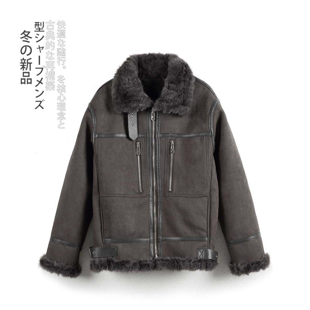 冬季皮毛一体夹克男士外套加厚加绒保暖欧美宽松牛皮绒休闲时尚潮