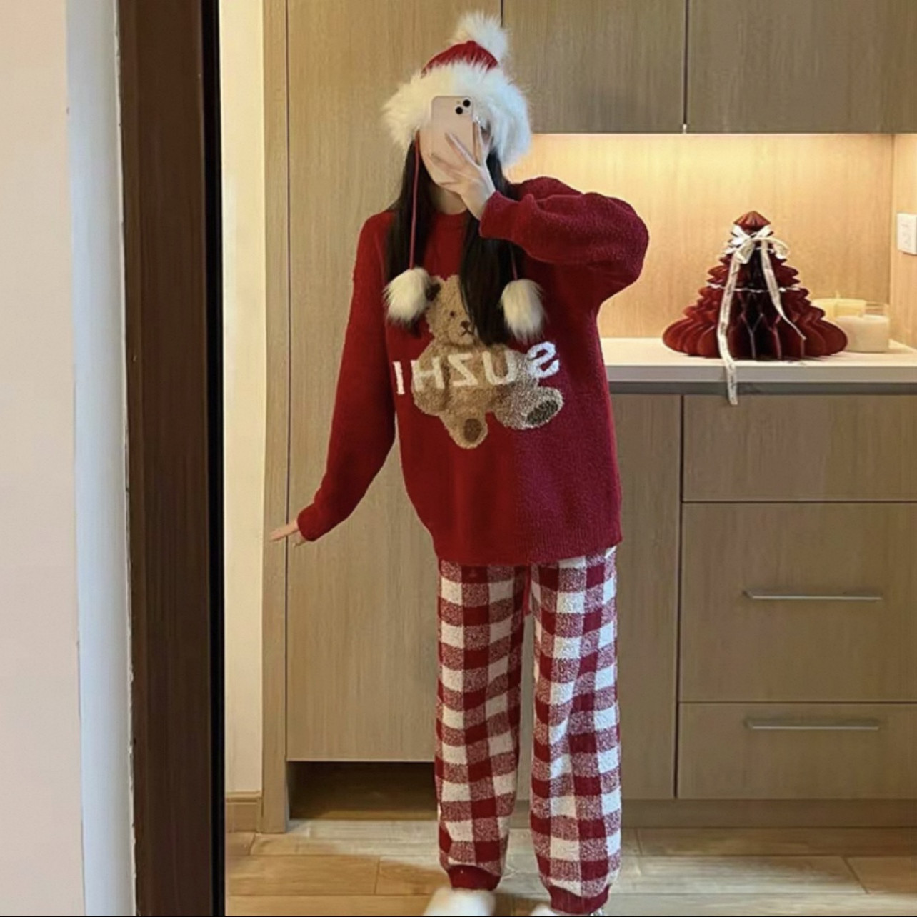 【红色组合款】半边绒睡衣带袖子毛绒睡软绵绵衣加厚睡衣可外穿休闲