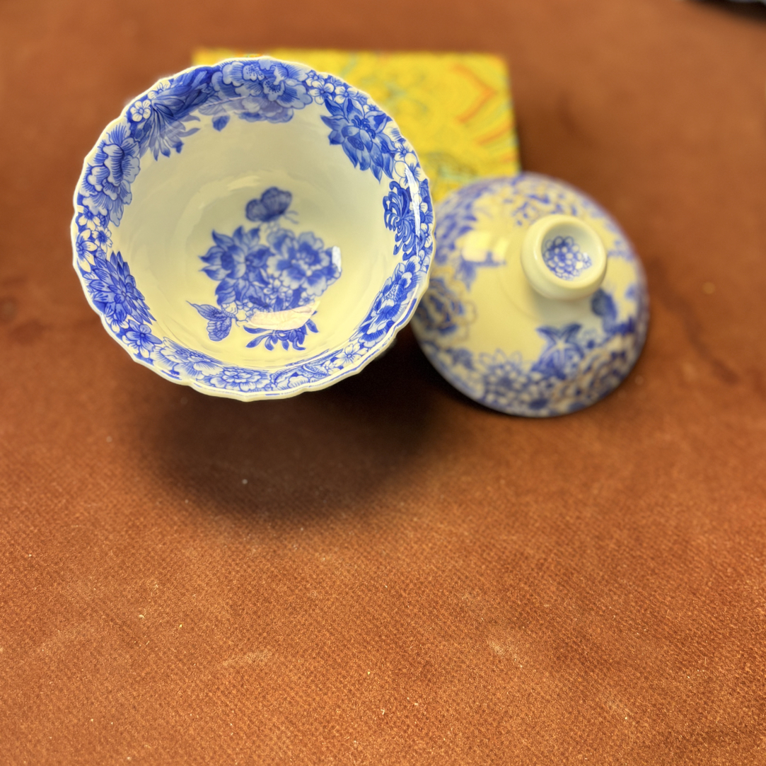 万花手工手绘描银花口万花盖碗