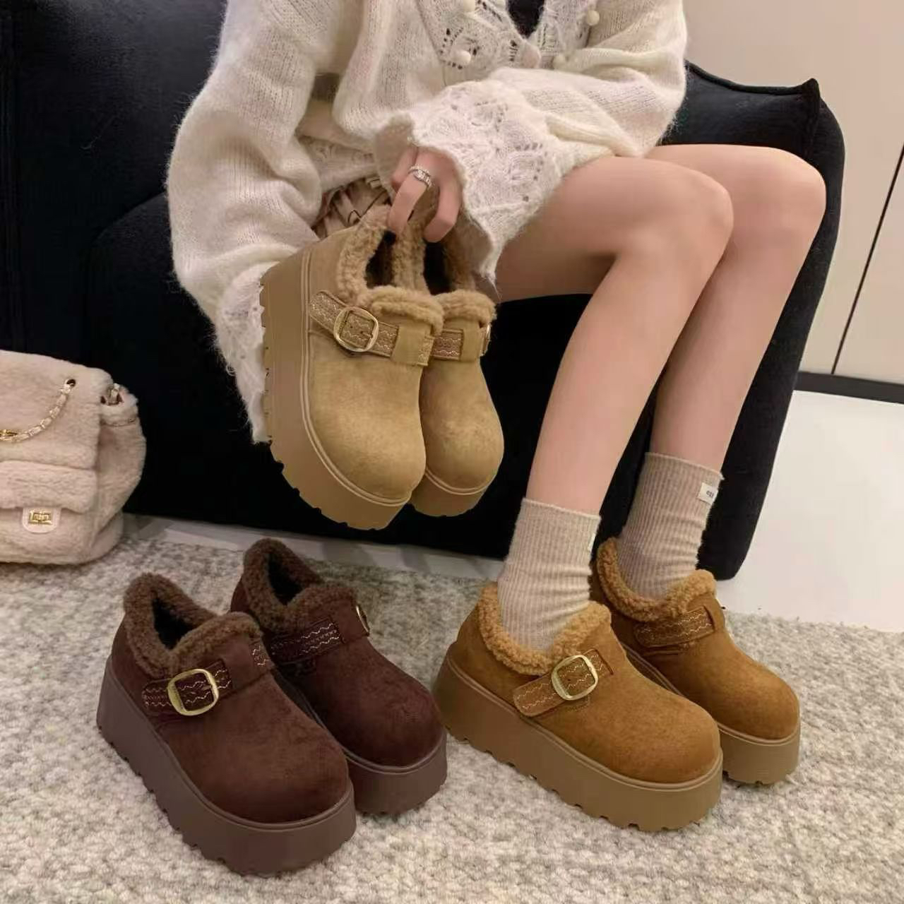 淘鞋馆92008-1新款加厚羊羔毛舒适软底6厘米防滑百搭防滑勃肯鞋