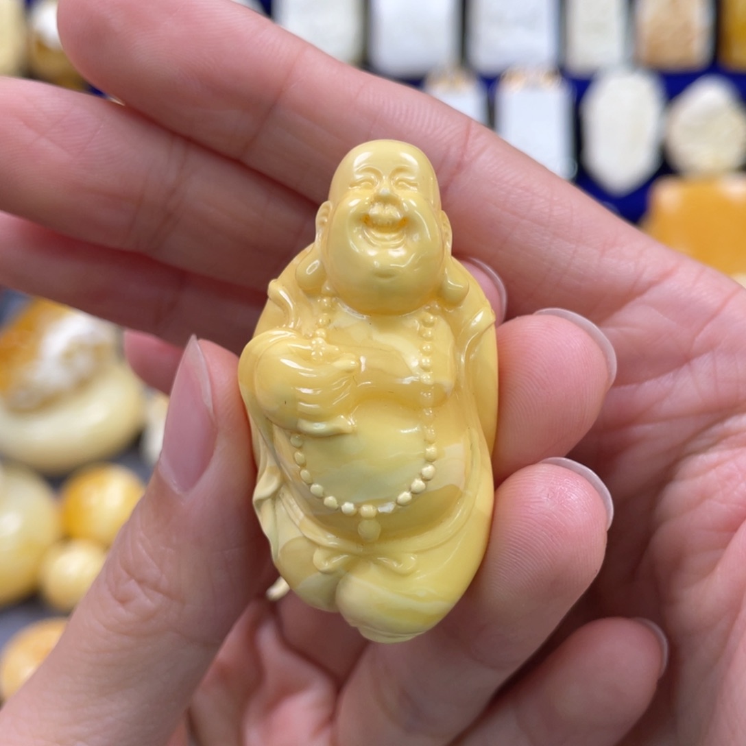 蜜蜡裸石未镶嵌琥珀蜜蜡雕刻笑佛