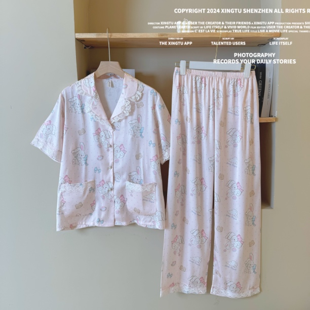 【清！布偶甜兔】夏季短袖丝款睡衣家居服可爱少女缎面印花女可外穿