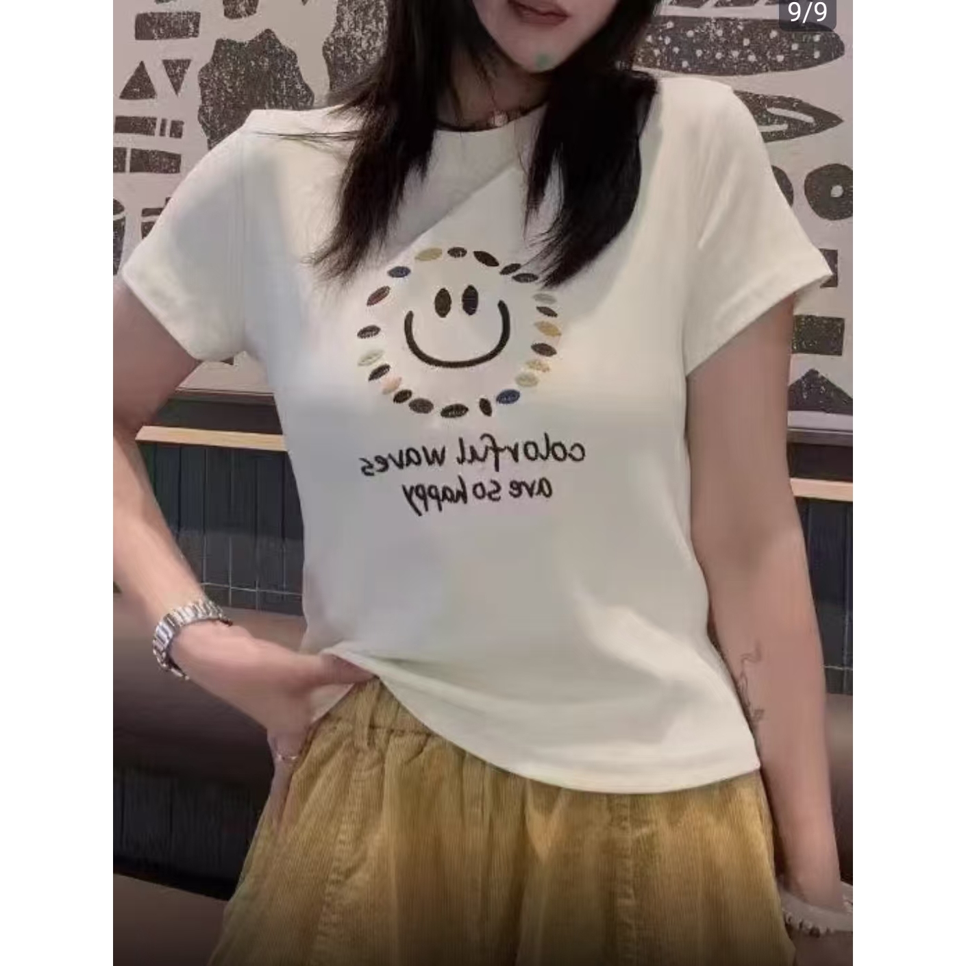 《东北徐老大推荐》大码女装冬季新款显瘦刺绣正肩笑脸半袖85266