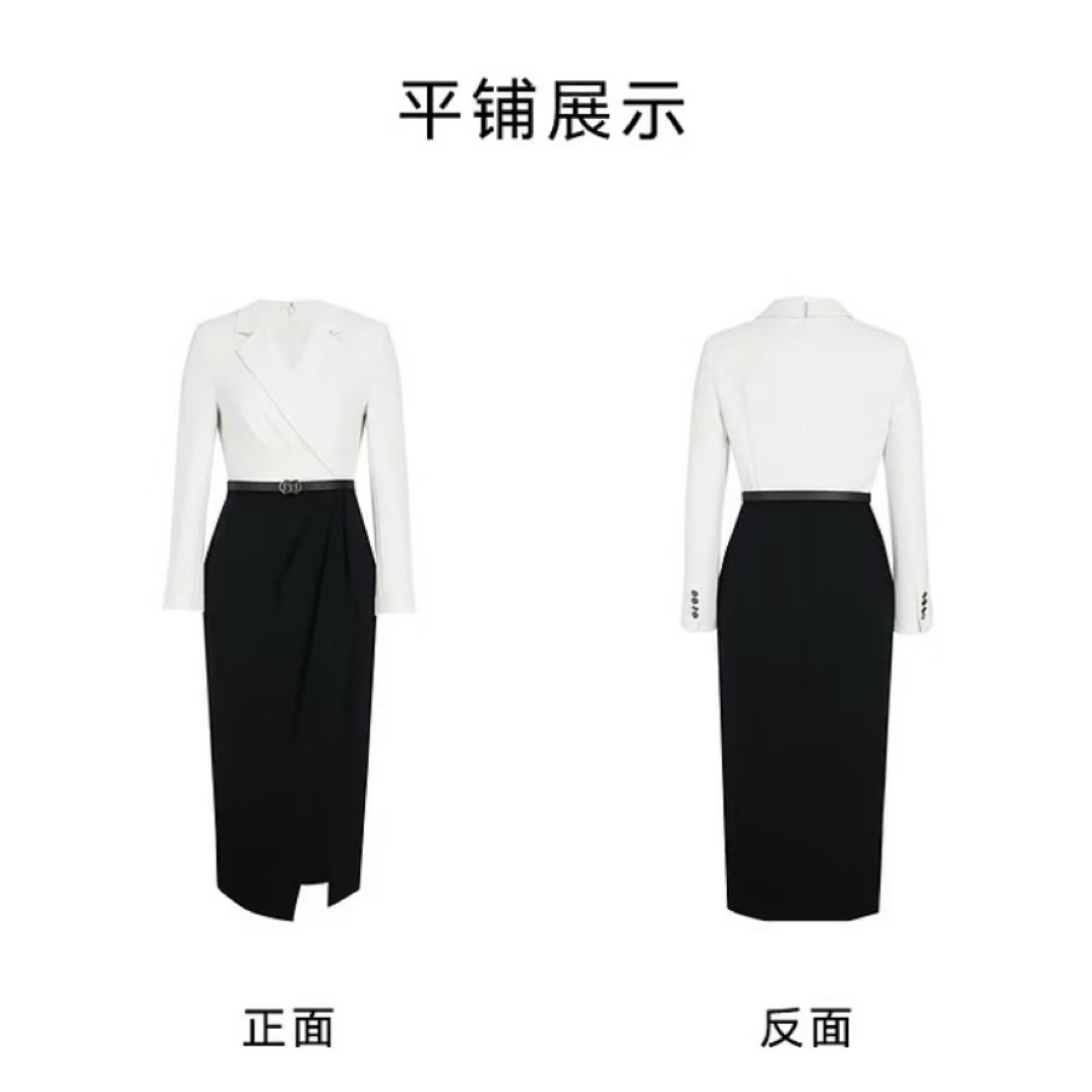 2025年奈家春秋季新款气质商务西装领黑白长袖连衣裙