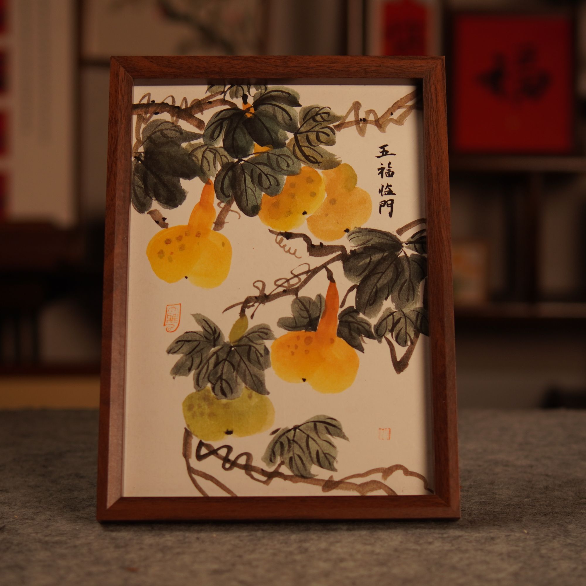 五福临门 手绘国画 摆台 a4复合木 