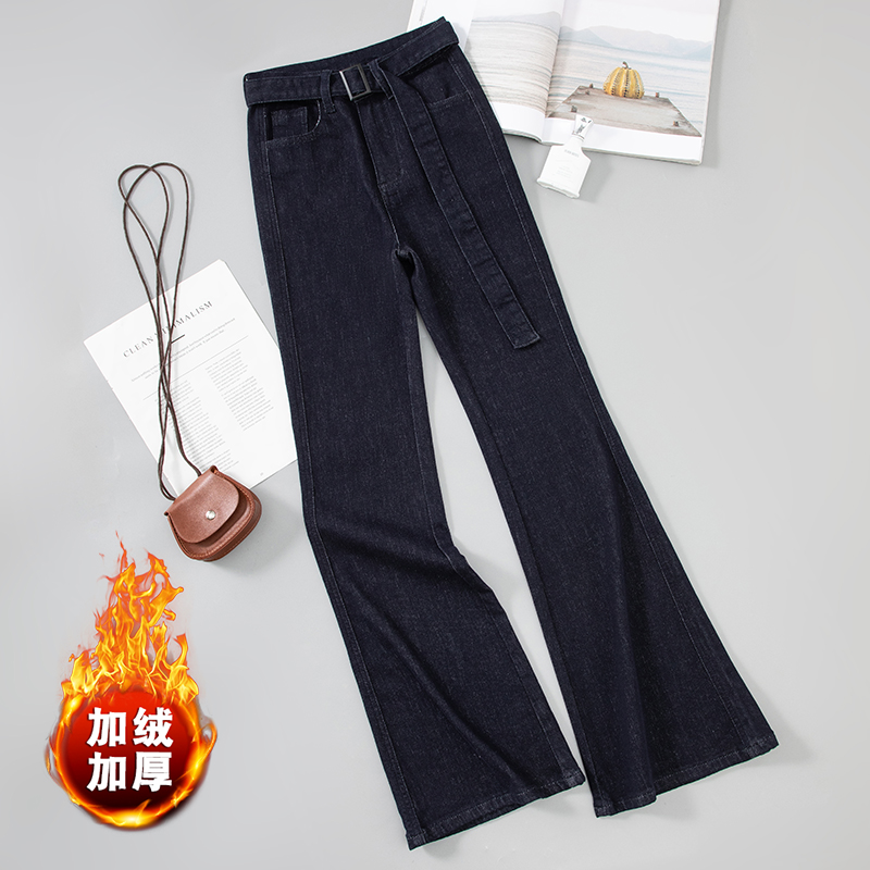 2025秋冬新款加绒保暖丹宁蓝高腰微喇叭牛仔裤女长裤弹力显瘦
