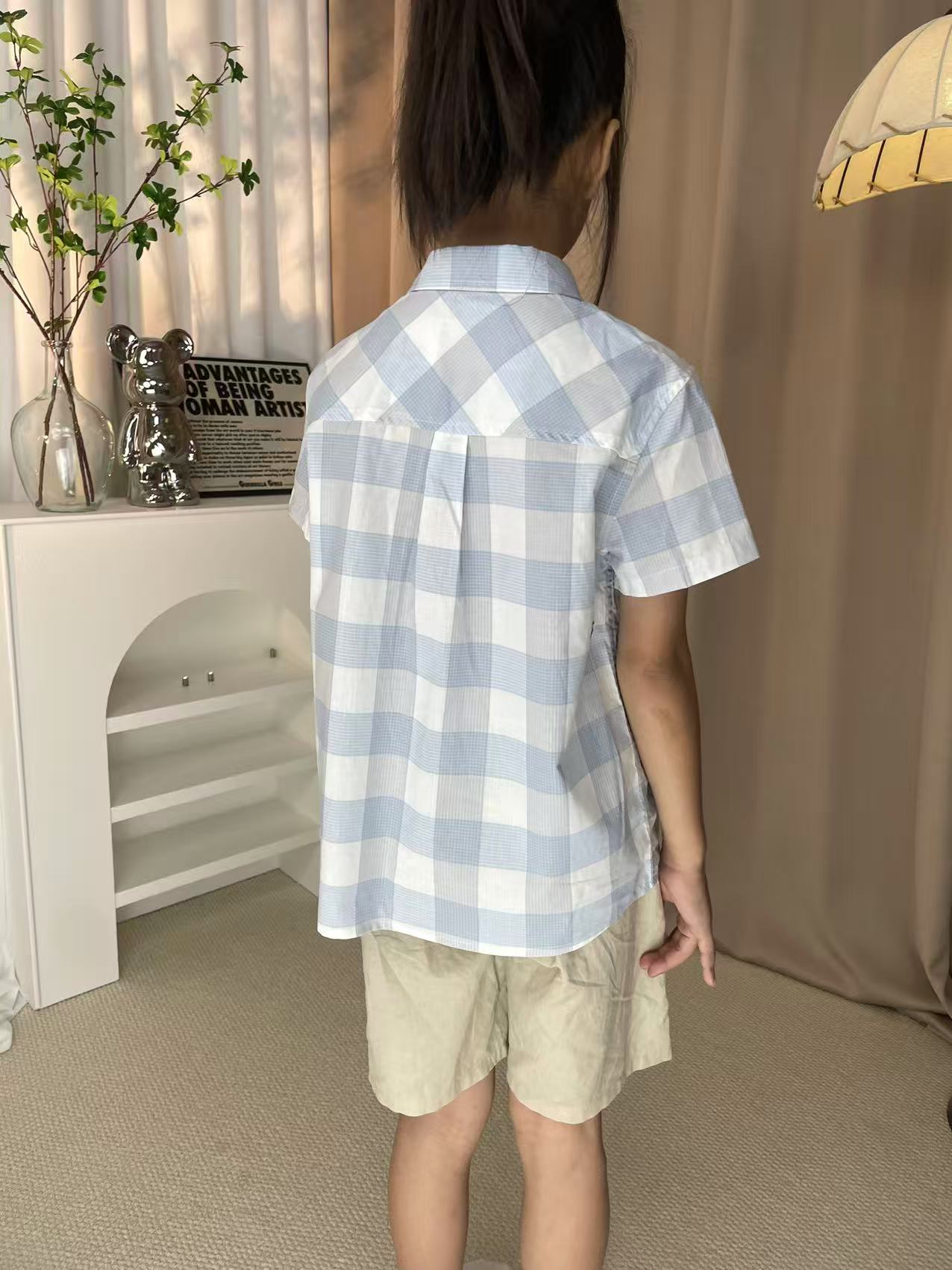 女男衬衫百搭短袖洛丽塔夏季上衣休闲风蓝色格子休闲