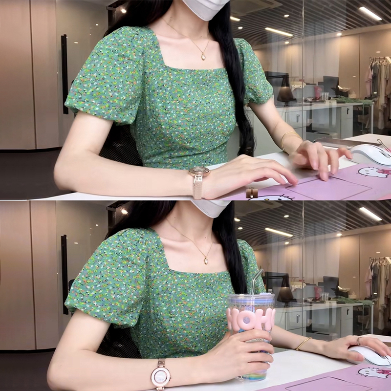 2666茶歇法式绿色方领碎花连衣裙子女夏季新款海边度假显瘦长裙