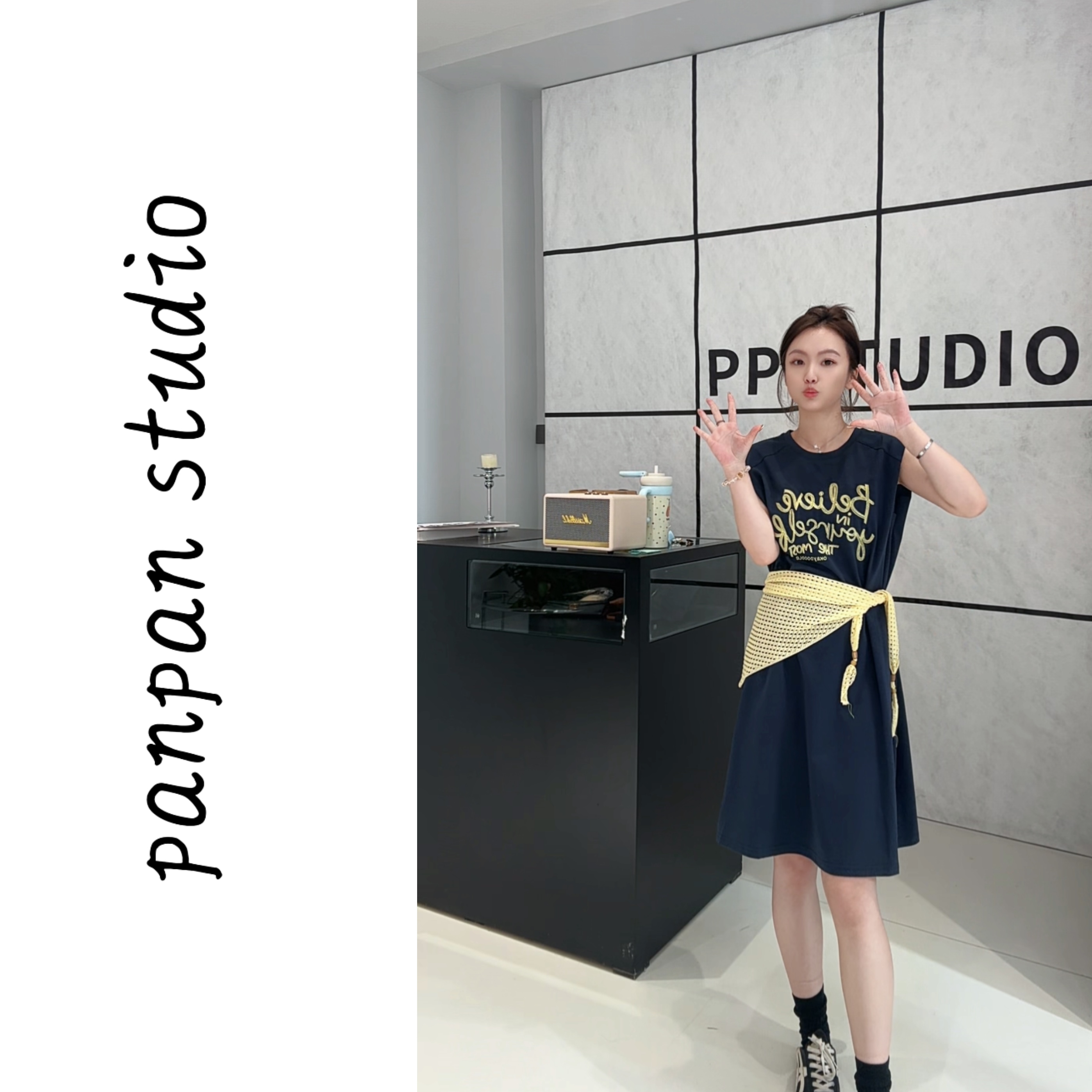 潘潘/2025韩版设计师款毛线披肩腰带+字母印花T恤连衣裙两件套