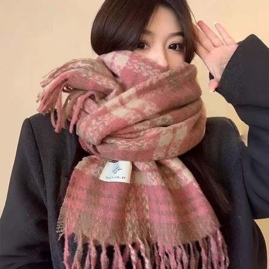 1-200 休闲风民族风法式保暖围巾学生流苏千鸟格加厚网红百搭情侣