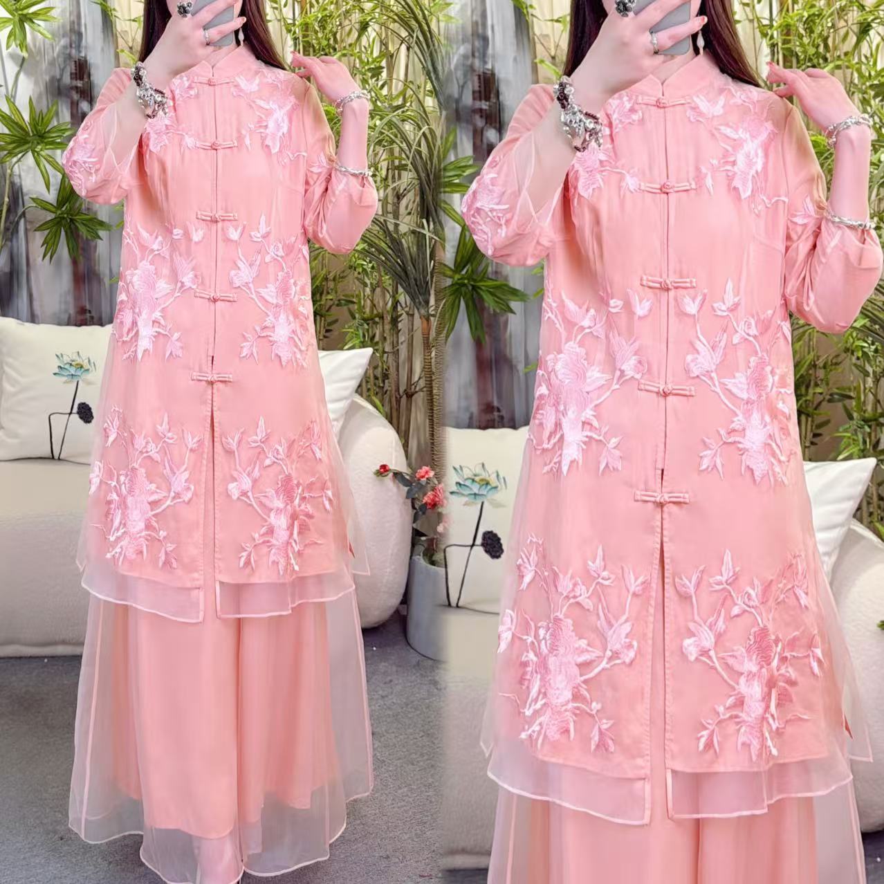 新中式国风素雅重工刺绣宽松立领开衫上衣裤子两件套日常20313