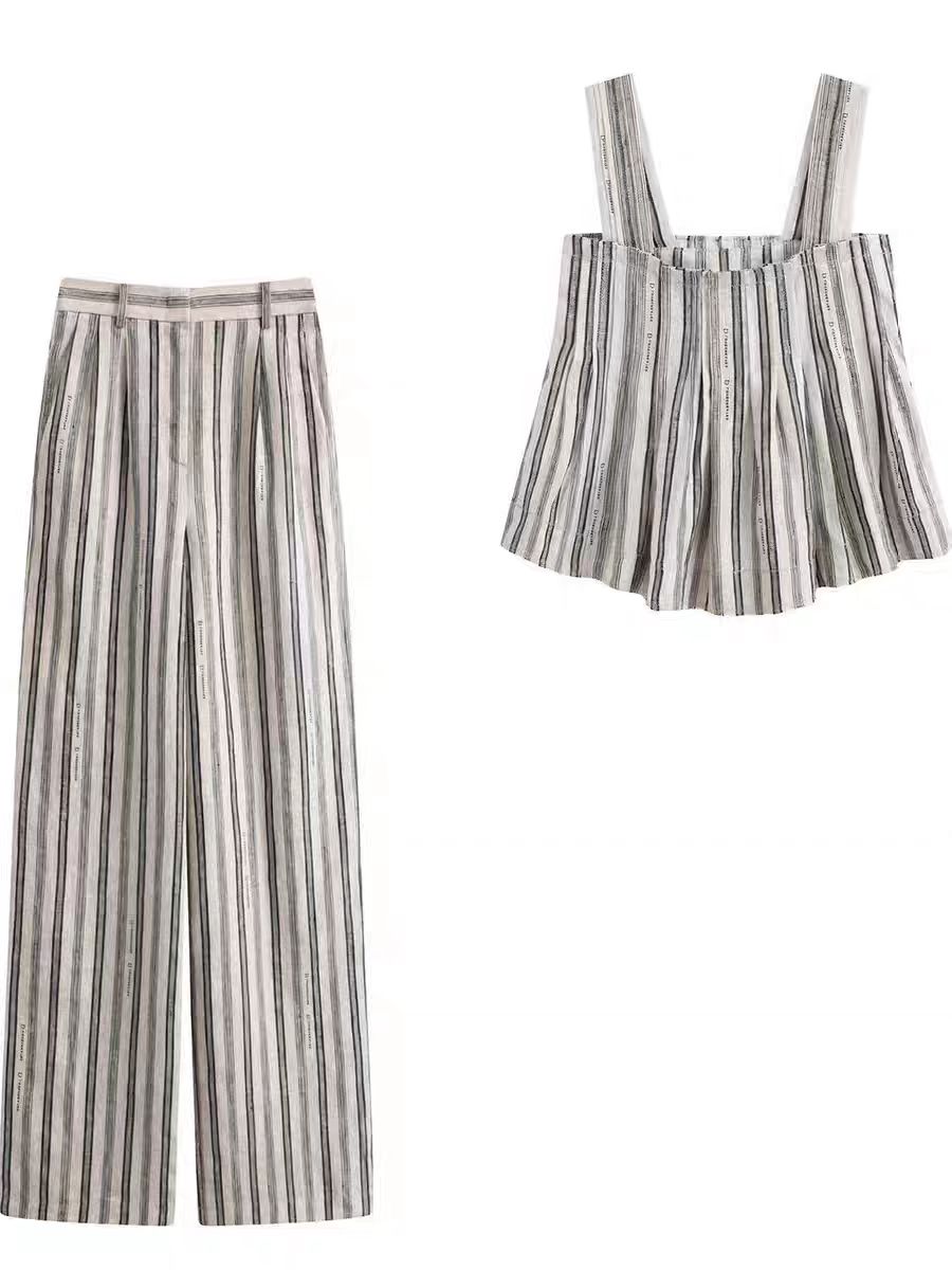 【Z087】无弹力套装短裤长裤印花百搭潮流条纹春夏休闲裤薄款高腰