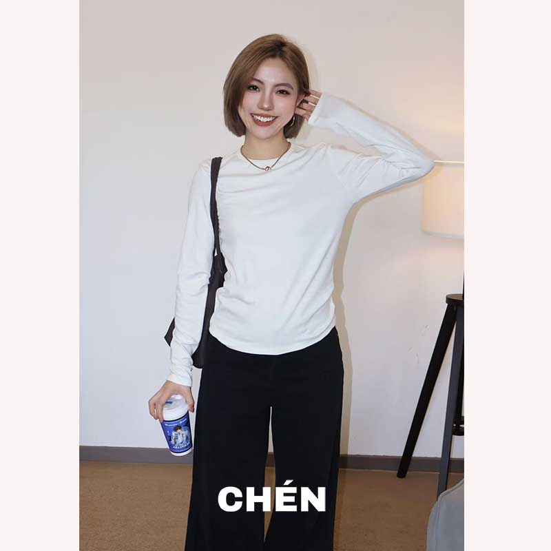 【馒头打底】晨总自制百搭纯色字母刺绣圆领秋季基础款打底长袖女