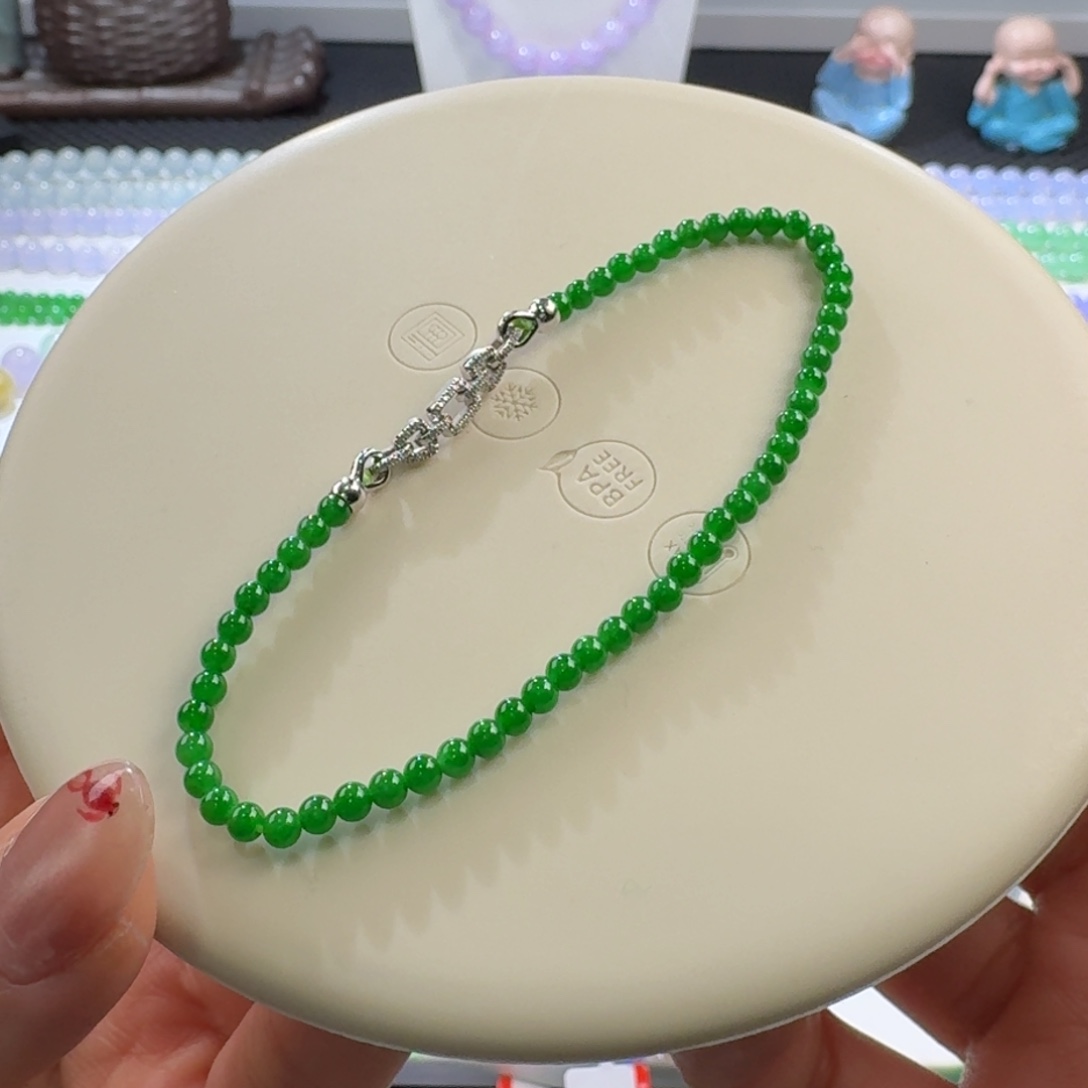 翡翠手链未镶嵌月*?浓正阳色标小米珠3mm