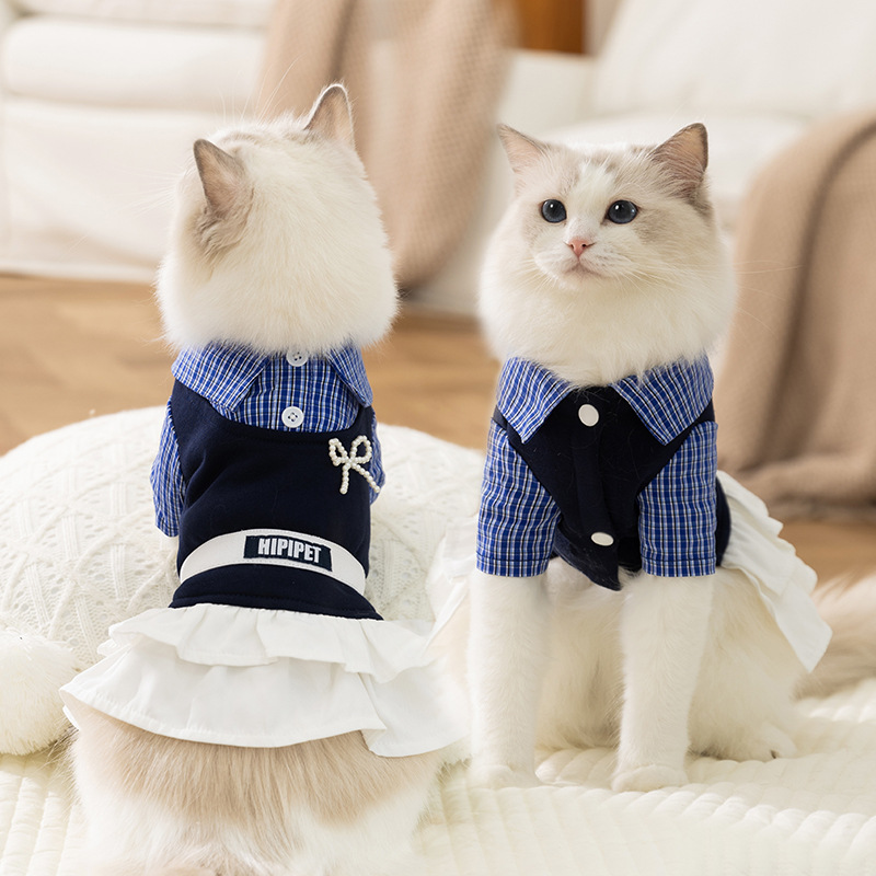 猫咪衣服秋冬季学院风格子衬衫裙布偶蓝猫无毛猫宠物连衣裙狗衣服