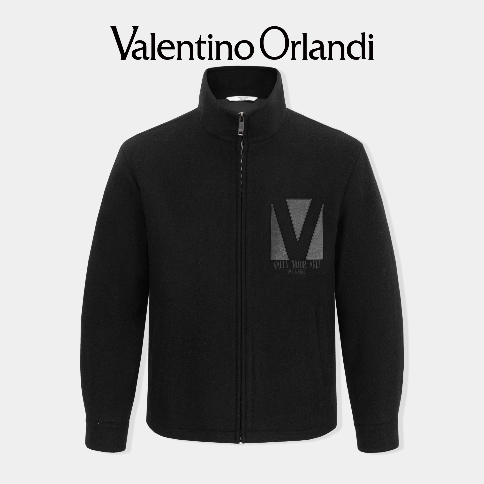 Valentino orlandi男士秋冬皮质logo字母刺绣小标绵羊毛棉服外套