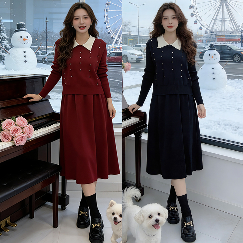 【两件套】冬季时尚套装重工钉珠背心马甲两件针织毛衣连衣裙332 