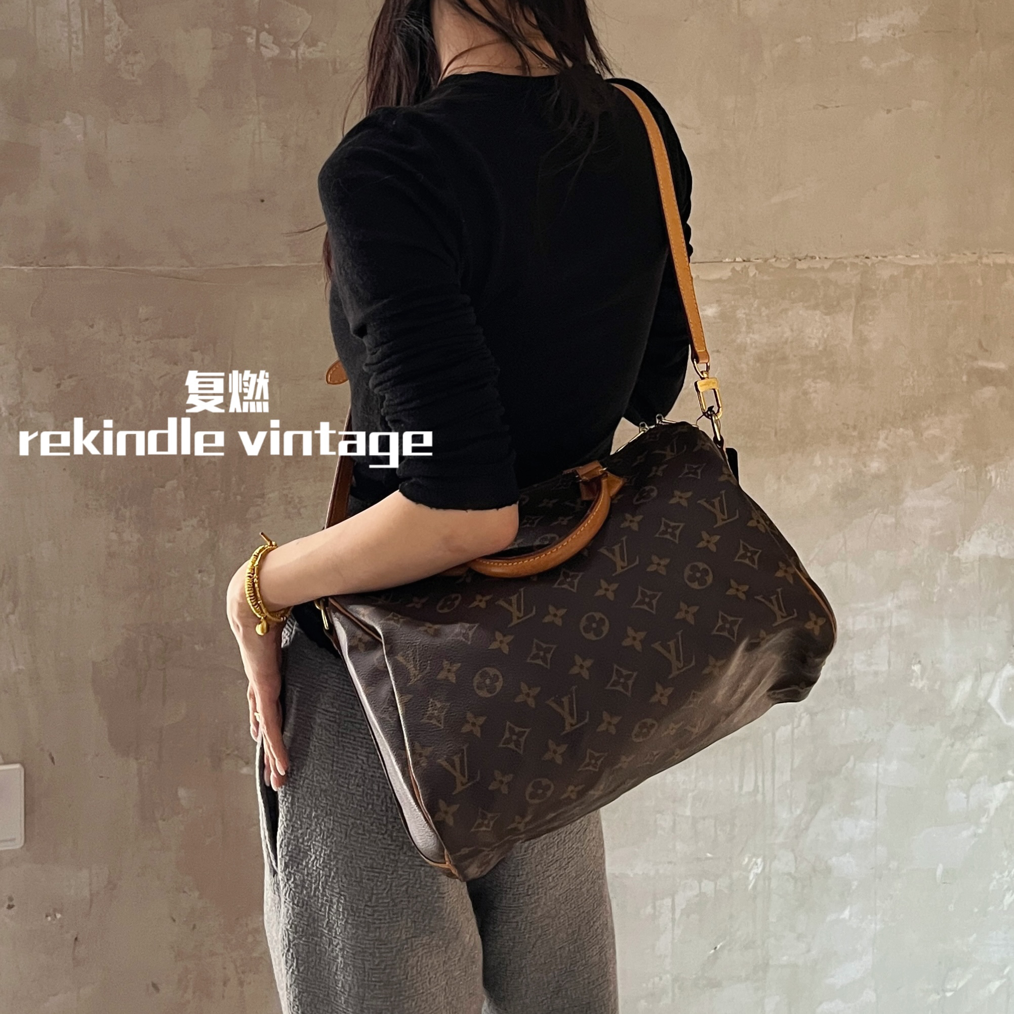 95新 LouisVuitton/路易威登 复燃精选/老花speedy30肩带款