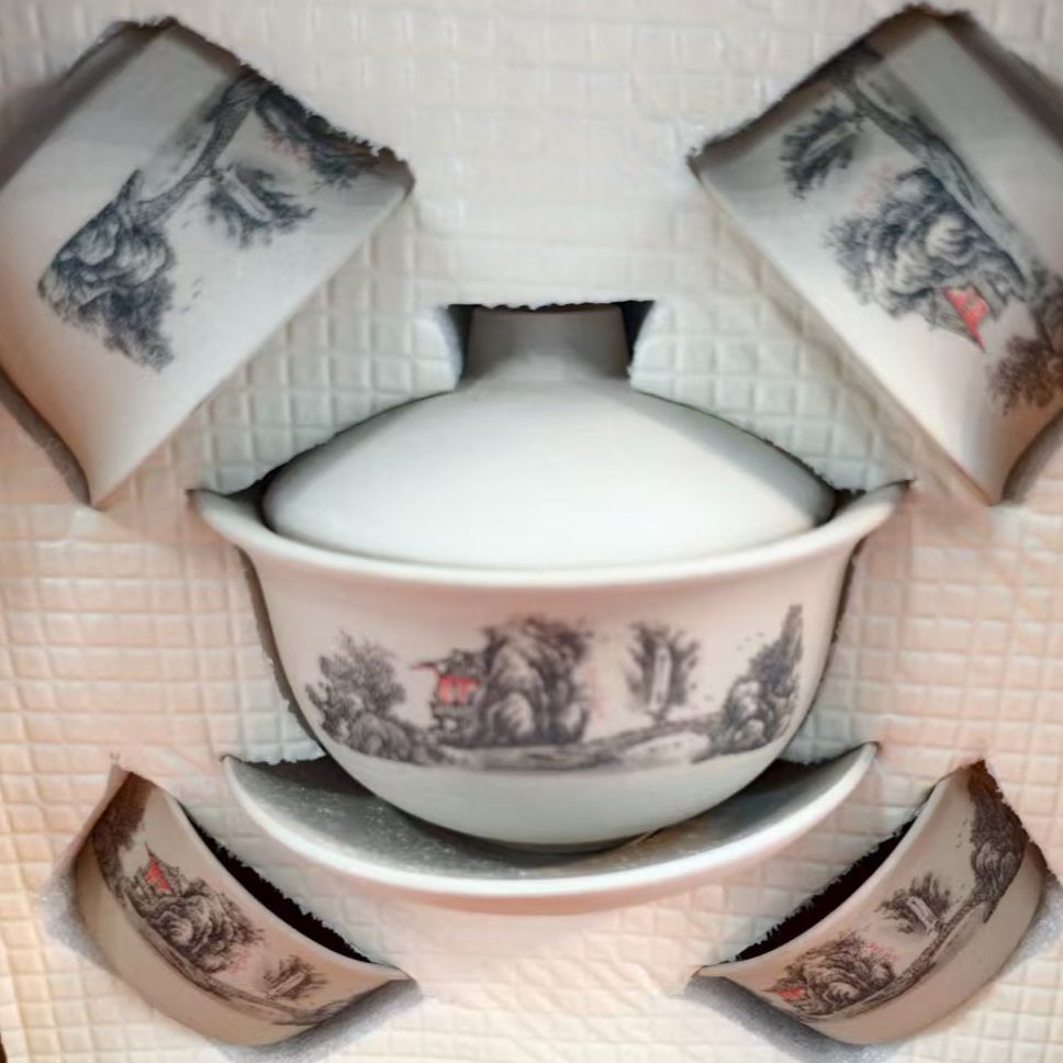 龙窑茶器  粗陶【山水盖碗+4杯】-万里江山环保盒  4926 （直播专属）