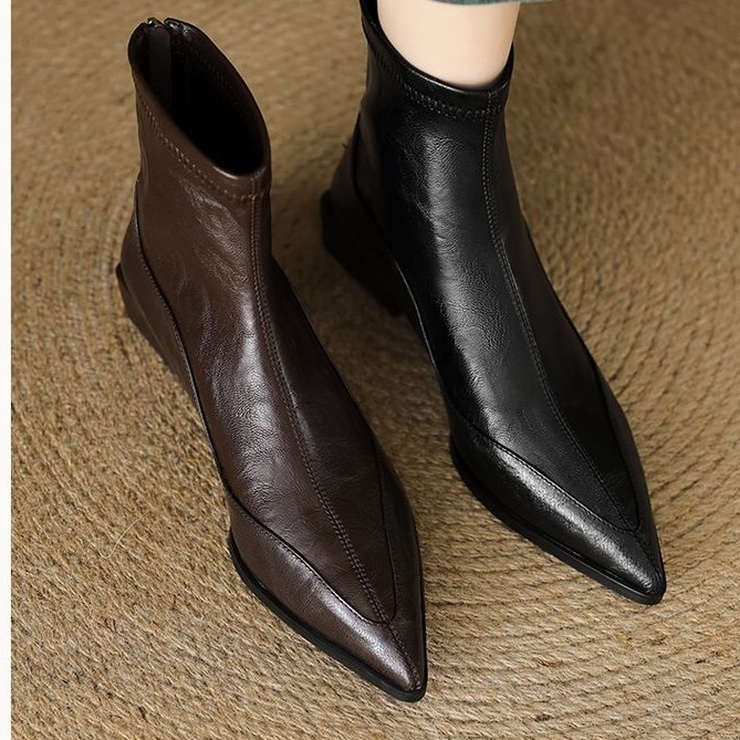 复古女靴弹力秋冬尖头真皮瘦瘦靴切尔西靴方跟短靴910-10