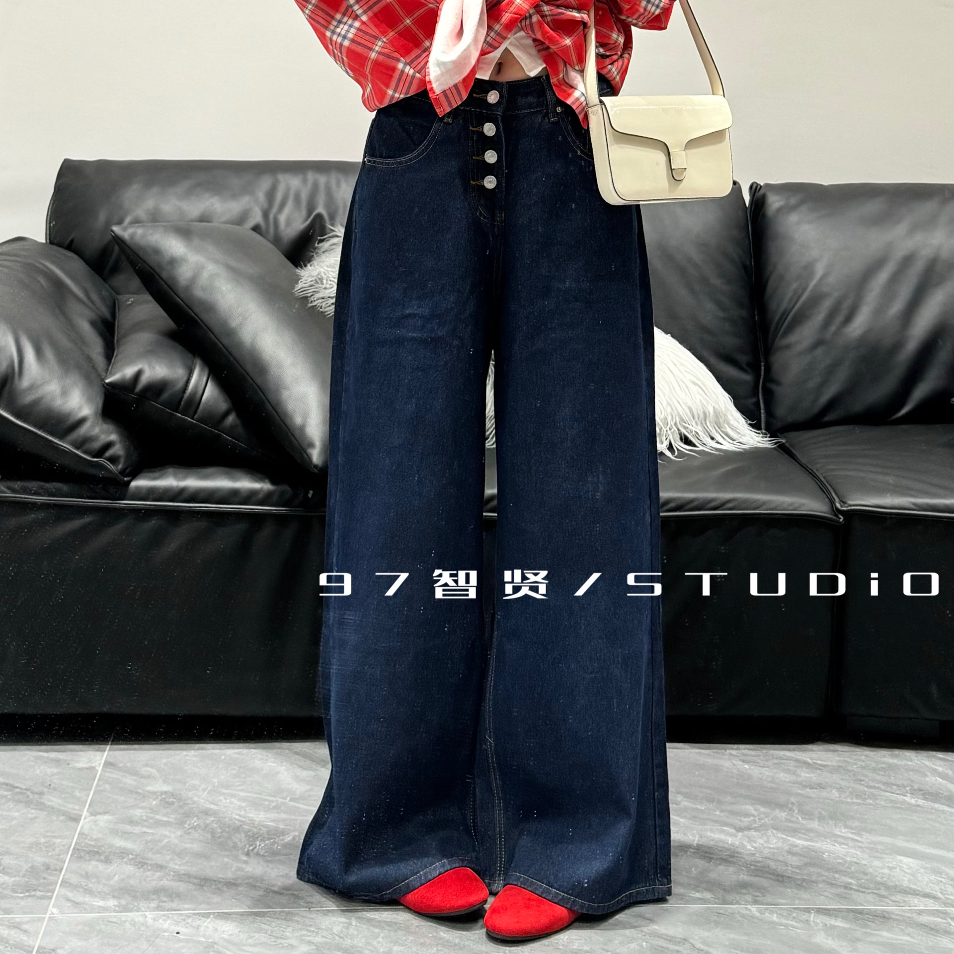 智贤 【韩版复古蓝色单排扣高腰直筒阔腿牛仔裤秋上新】