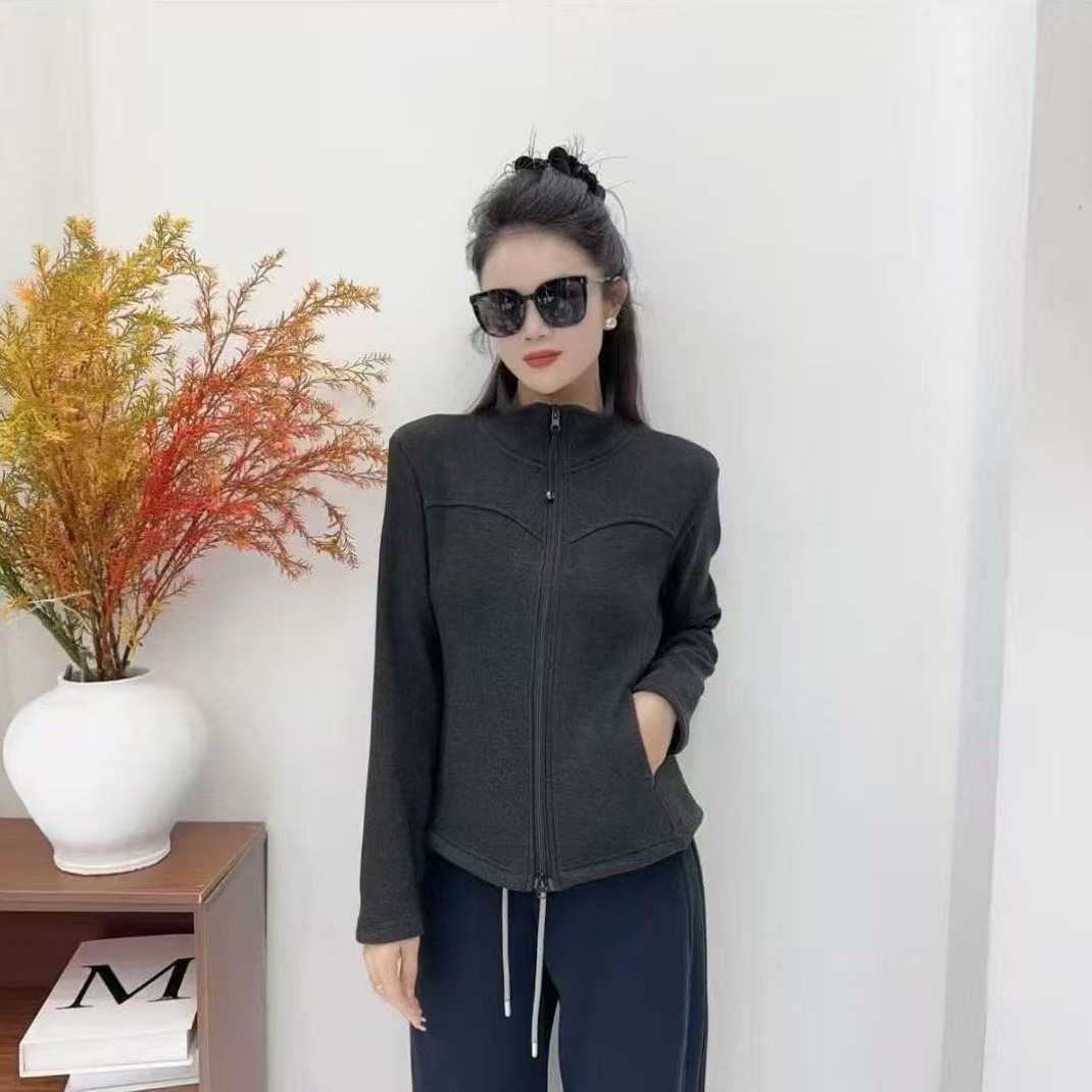立领双拉链加绒加厚卫衣女秋冬修身显瘦长袖上衣（衣长58左右）